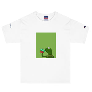 Kermit sipping PPTjuice - Champion white tee