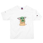 Load image into Gallery viewer, Baby Yoda sipping PPTjuice - Champion white tee
