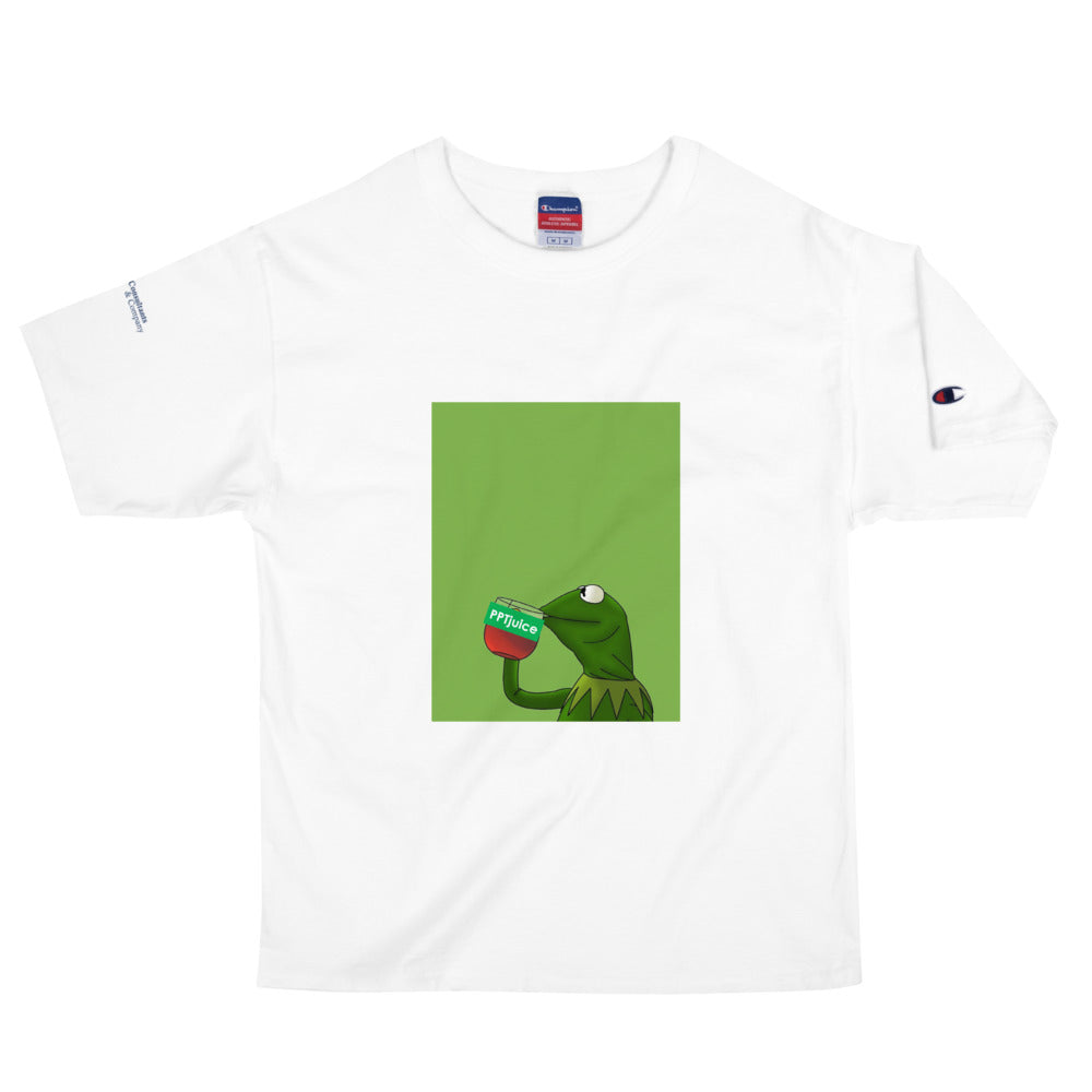 Kermit sipping PPTjuice - Champion white tee
