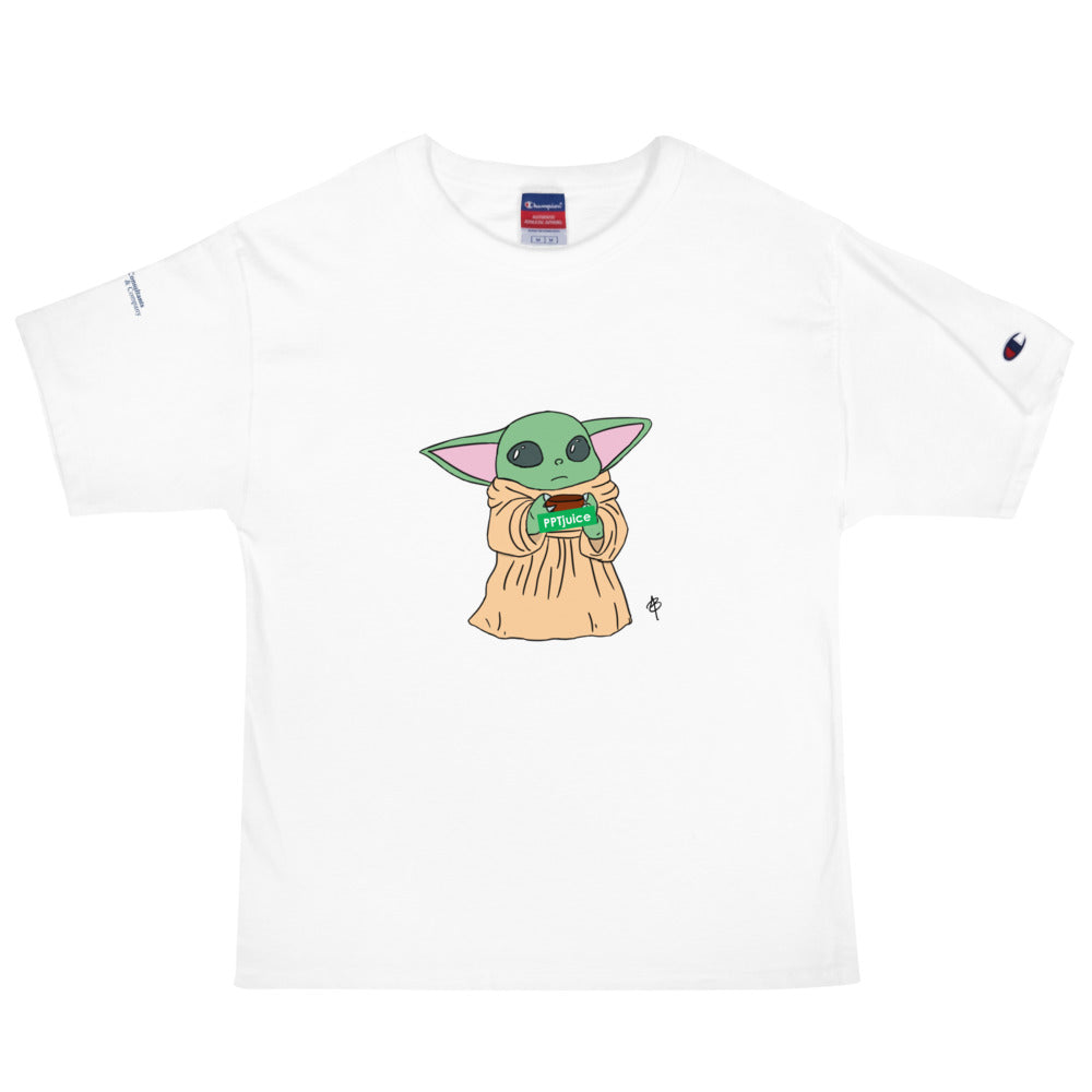 Baby Yoda sipping PPTjuice - Champion white tee